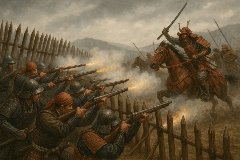 My illustration of the Battle of Nagashino, with Nobunaga's arquebusiers firing devastating volleys at Takeda's cavalry charge