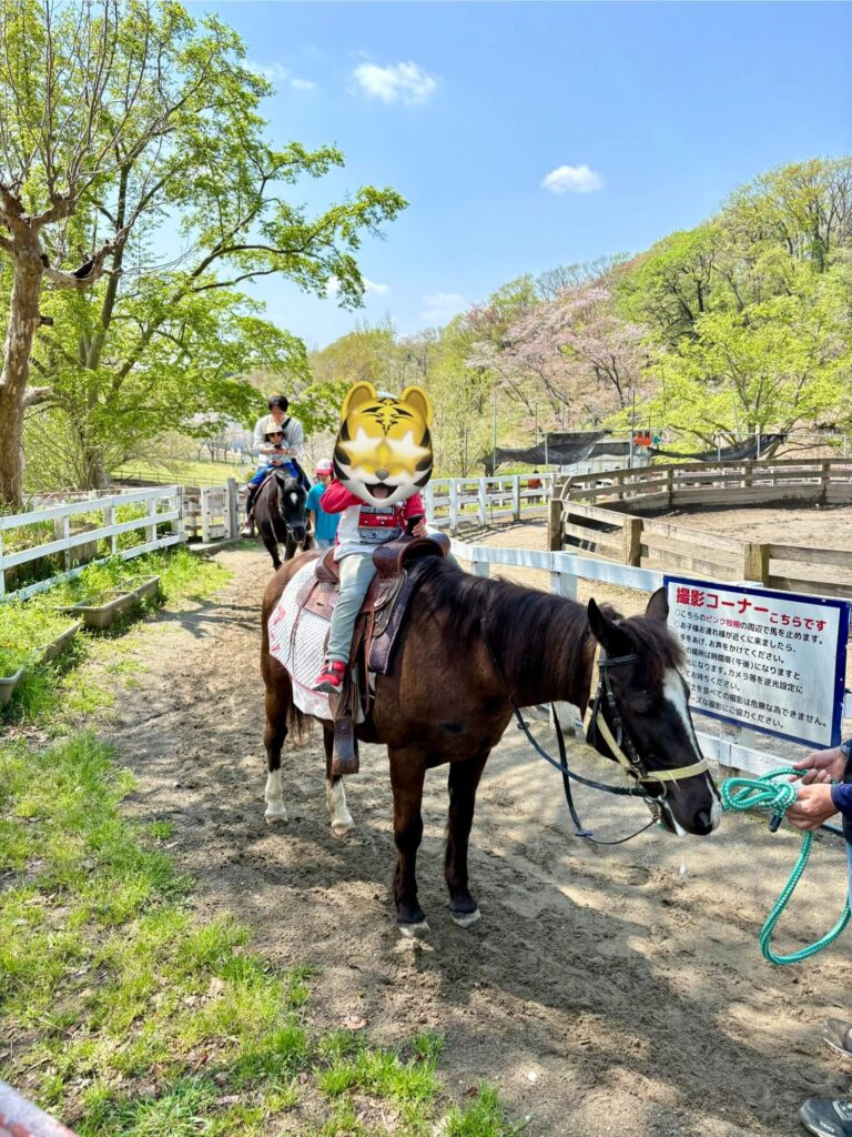 Child enjoying pony riding at Kodomonokuni’s 110m track
