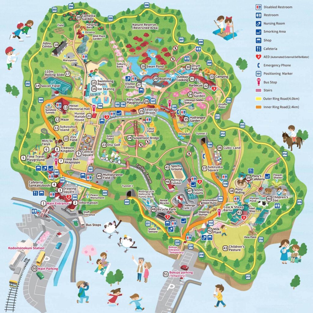 Official Kodomonokuni park map showing attractions, activities, and facilities