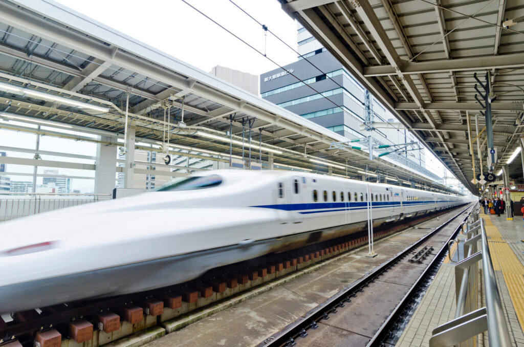 Shinkansen train leaving the station