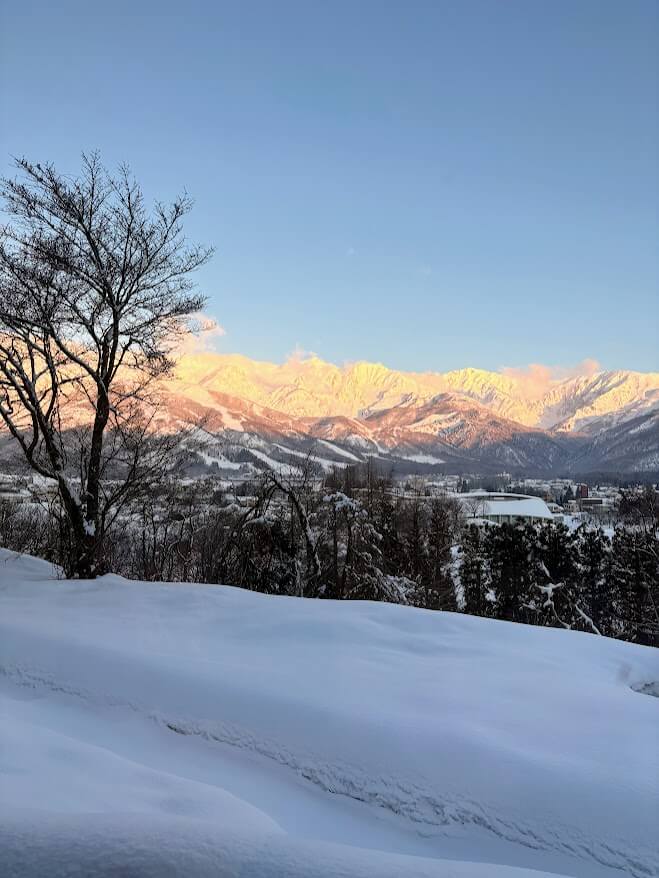 Stunning view of Japan's Norther Alps covered in snow at sunrise