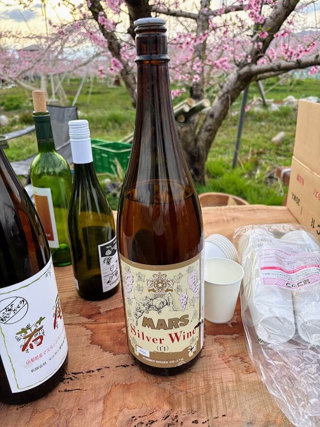Wine and Nihonshu bottles at ohanami party