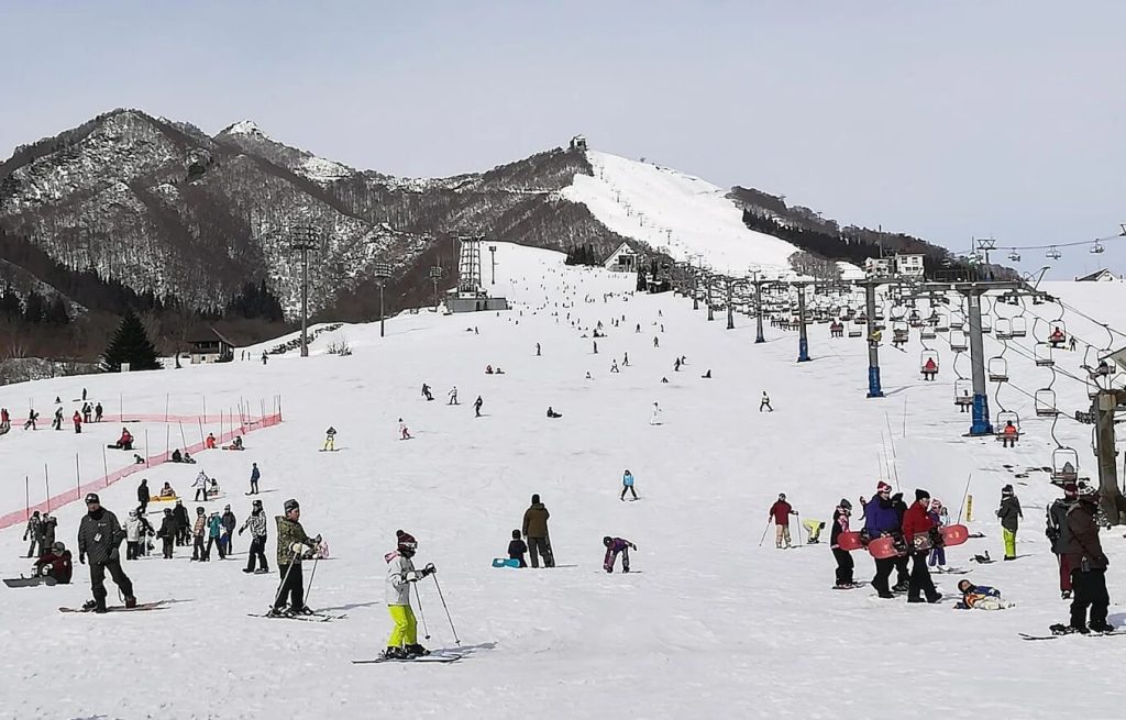Skiers and snowboarders at Iwappara Ski Resort, Niigata
