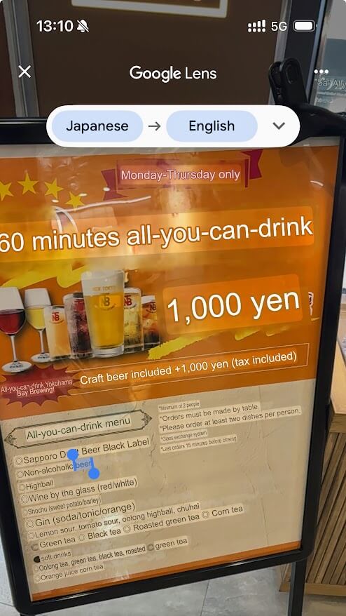Happy hour menu translation by Google Translate Camera Function